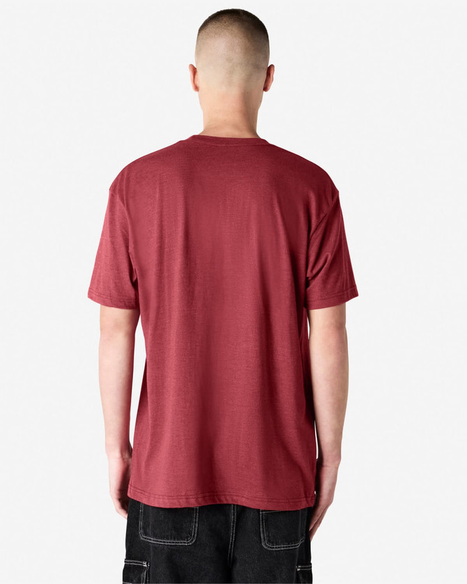 A unisex short sleeve t-shirt in a deep red colour, featuring a plain back and a logo.