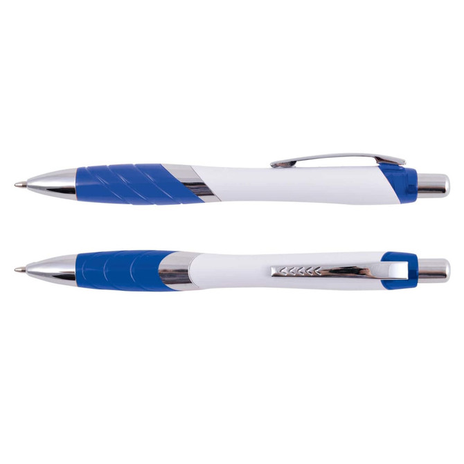 A set of plastic pens in blue and white with a sleek design, featuring chrome accents and a rubber grip for comfort.
