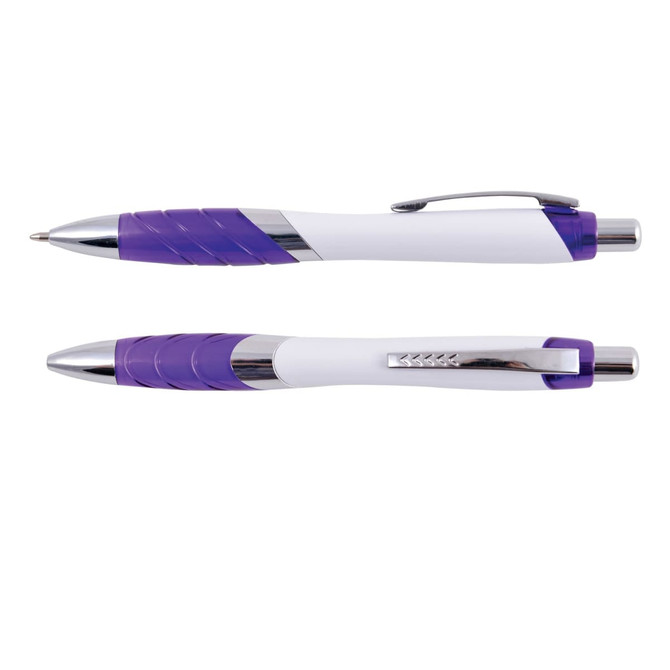 A purple and white plastic pen with a glossy finish and a clip. It has a textured grip for comfort.