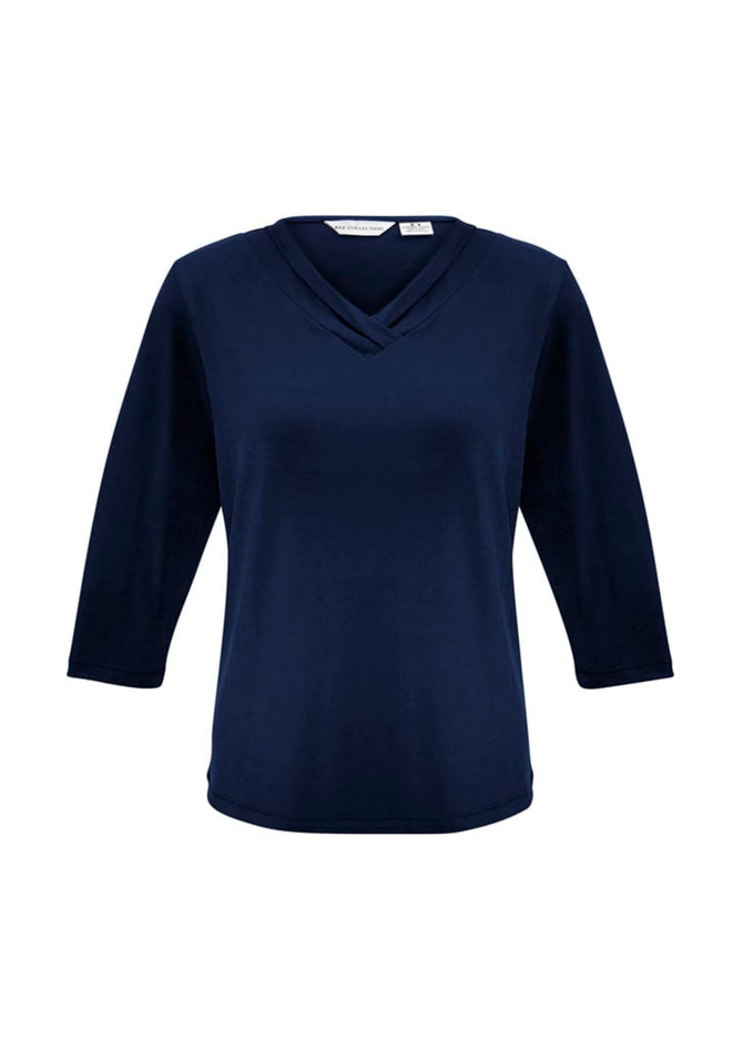 A navy blue women's 3/4 sleeve top with a crossover neckline and a logo.
