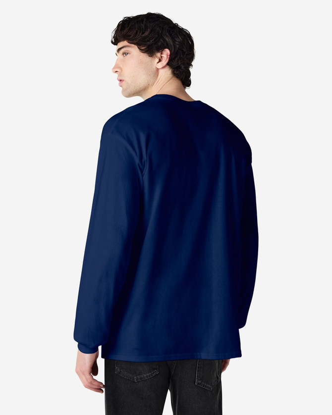A navy blue long sleeve t-shirt for adults, featuring a simple design and a logo on the garment.