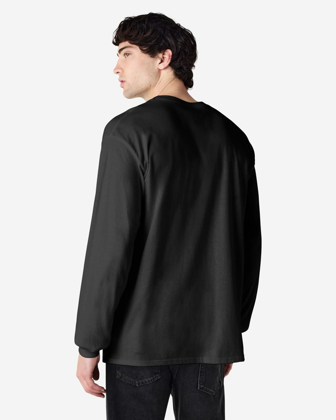 A black long sleeve t-shirt displayed on a model, featuring a simple design and a logo on the back.