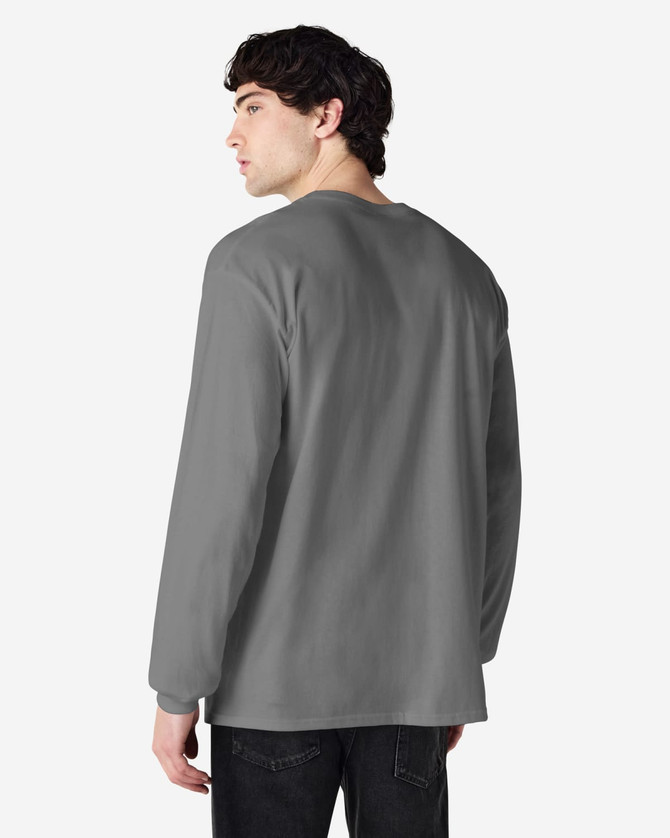 A grey long sleeve t-shirt from Gildan, featuring a simple design and a standard fit.