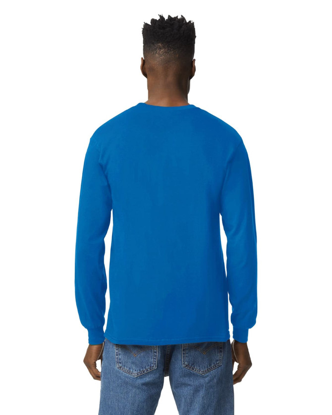 A blue long sleeve t-shirt with a round neckline, viewed from the back, worn by a person.