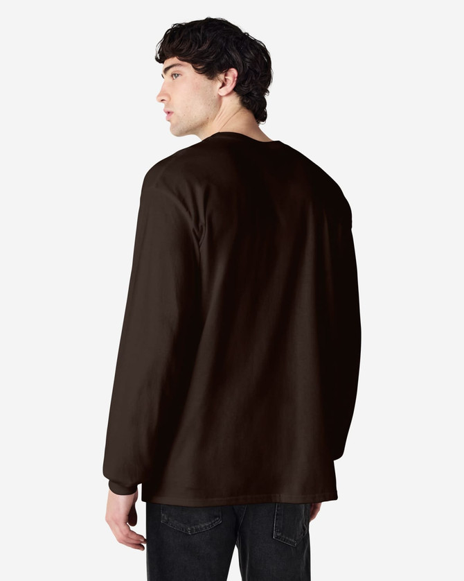 A brown long sleeve t-shirt featuring a simple design and a logo, shown from the back on a male model.