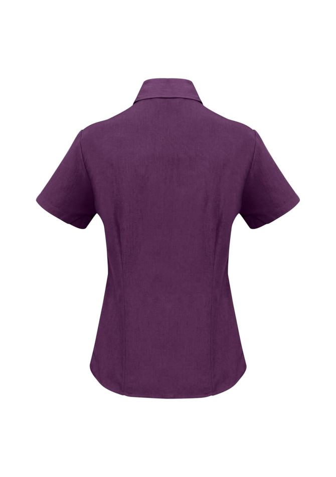 A purple women's short sleeve button-up shirt with a collar and a slightly tailored fit, featuring a logo.