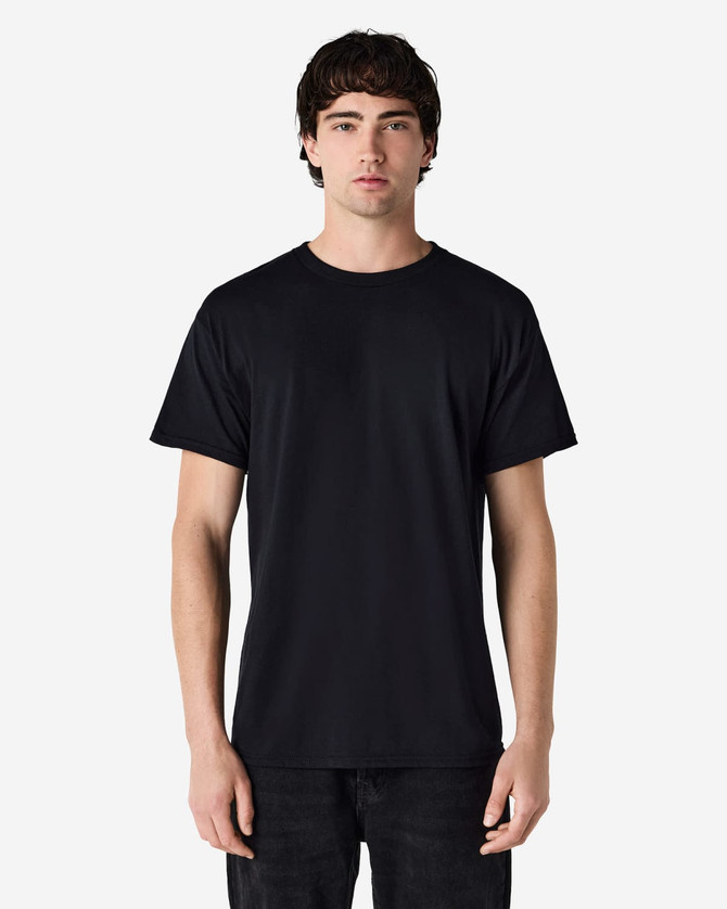 A black Gildan Heavy Cotton adult T-shirt displayed on a model against a plain background.