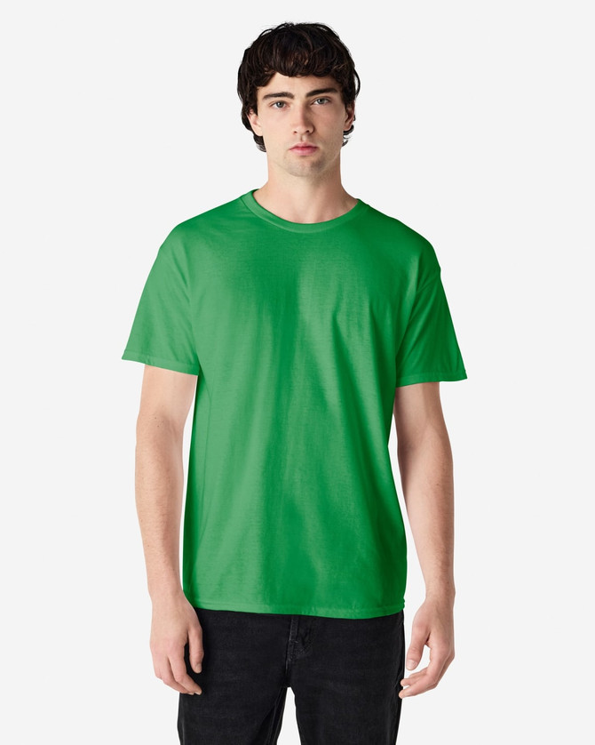 A green Gildan Heavy Cotton adult t-shirt displayed on a male model against a plain background.