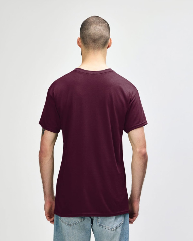 A maroon Gildan Heavy Cotton adult T-shirt displayed from the back, featuring short sleeves and a plain design.