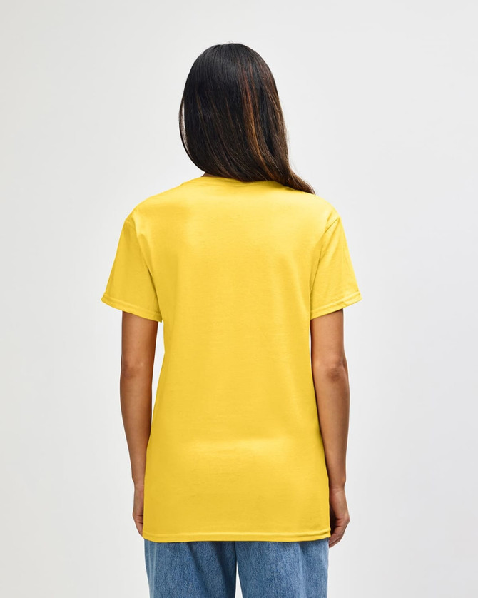 A yellow Gildan Heavy Cotton adult T-shirt viewed from the back, featuring a plain design and short sleeves.