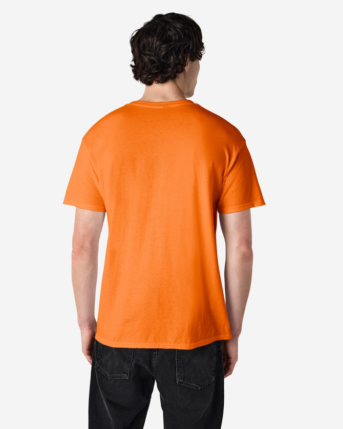 An orange Gildan Heavy Cotton Adult T-Shirt displayed from the back, featuring a plain design and short sleeves.