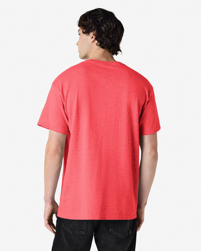 A pink Gildan Heavy Cotton Adult T-Shirt, displayed from the back, featuring a plain design.