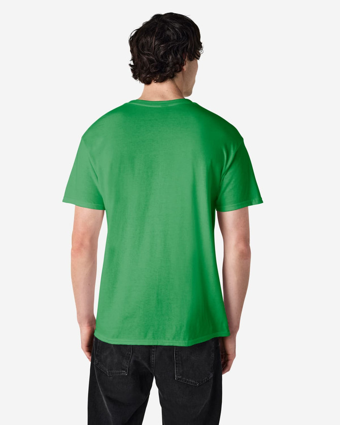 A green Gildan Heavy Cotton adult t-shirt viewed from the back, featuring a plain design and a logo.