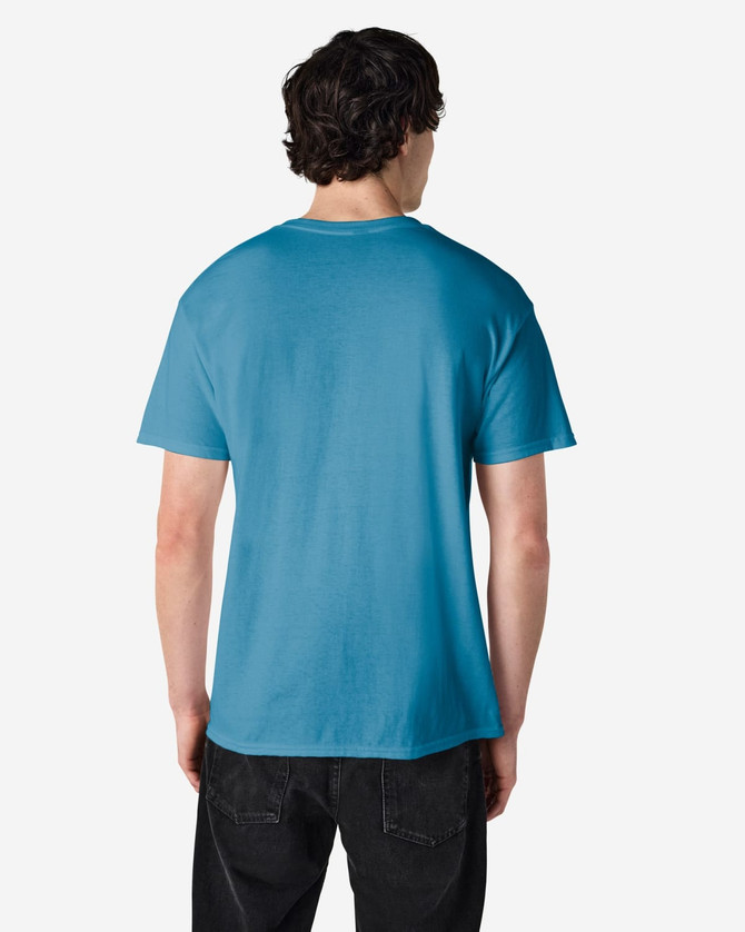 A blue Gildan Heavy Cotton Adult T-Shirt displayed from the back, featuring short sleeves and a logo.
