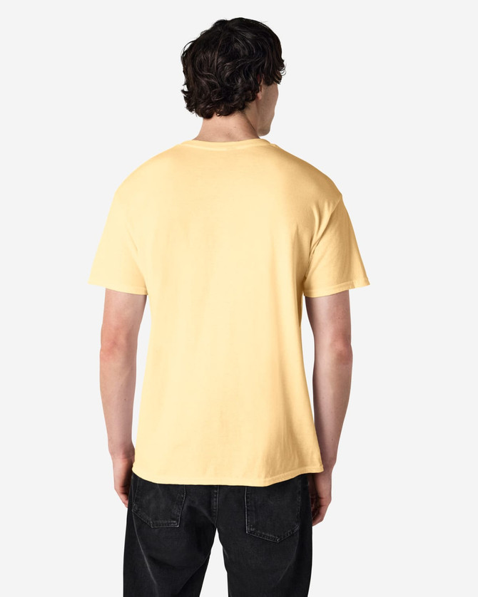 A plain yellow Gildan Heavy Cotton adult T-shirt viewed from the back, featuring a casual fit.