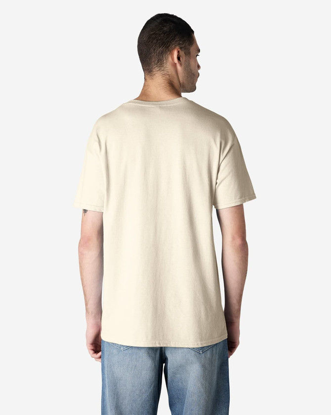 A plain cream adult t-shirt is displayed from the back, showcasing its simple design and fabric texture.