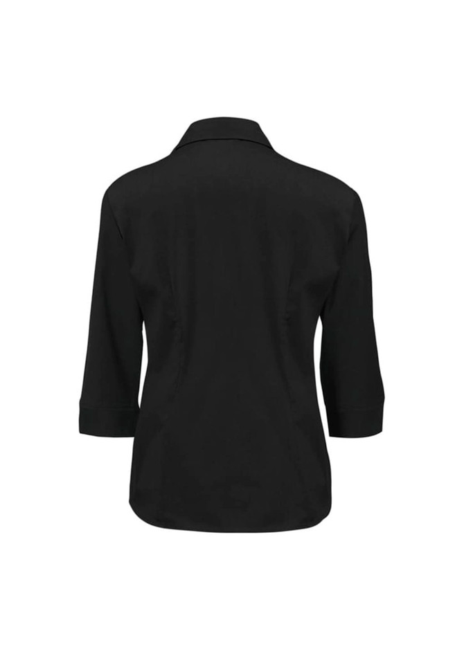 A black women's 3/4 sleeve button-up shirt, featuring a classic collar and a tailored fit at the back.