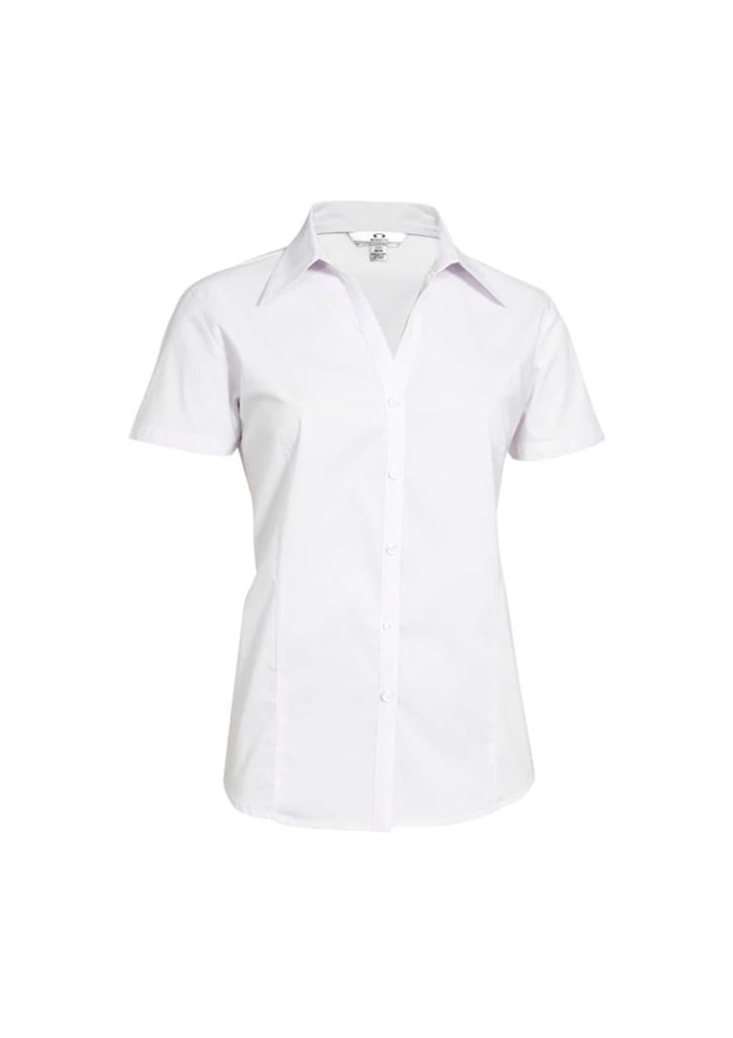 A white short sleeve button-up shirt for women, featuring a classic collar and a logo on the chest.