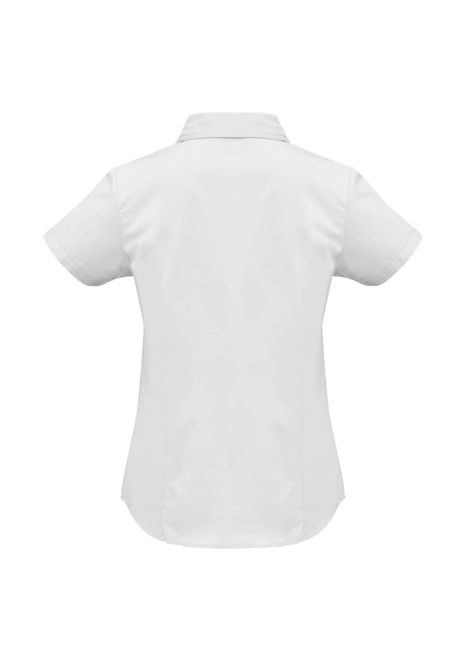 A women's short sleeve button-up shirt in white with a back view, featuring a collar and a small logo.