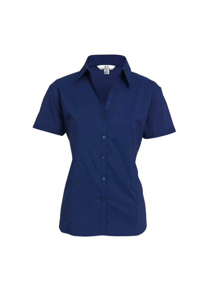 A navy blue women's button-up shirt with short sleeves and a collared neckline, featuring buttons down the front and a logo.
