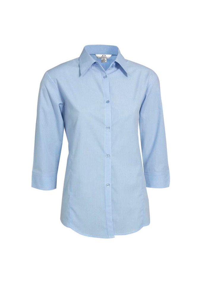 A women's micro check button-up shirt in light blue with three-quarter sleeves and a collar. Features a logo.