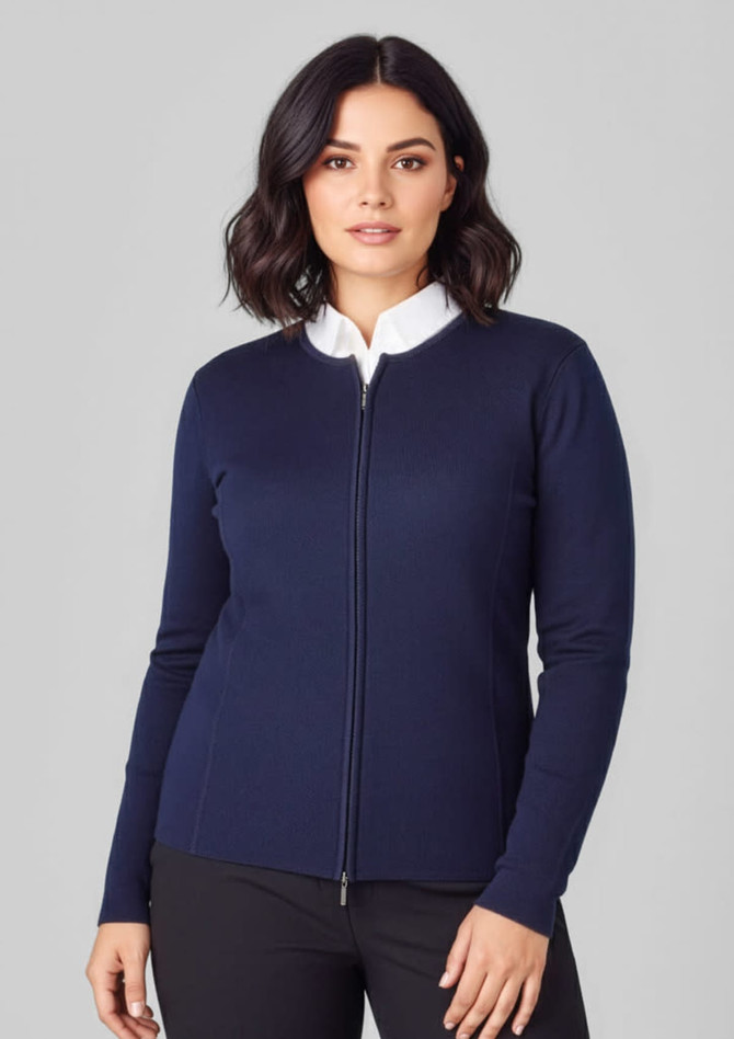 A navy women's 2-way zip cardigan featuring a white collar, with a fitted design and long sleeves.