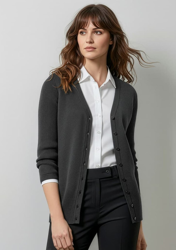 A grey women's Milano cardigan featuring a button-up front and ribbed detailing, worn over a white shirt and black pants.