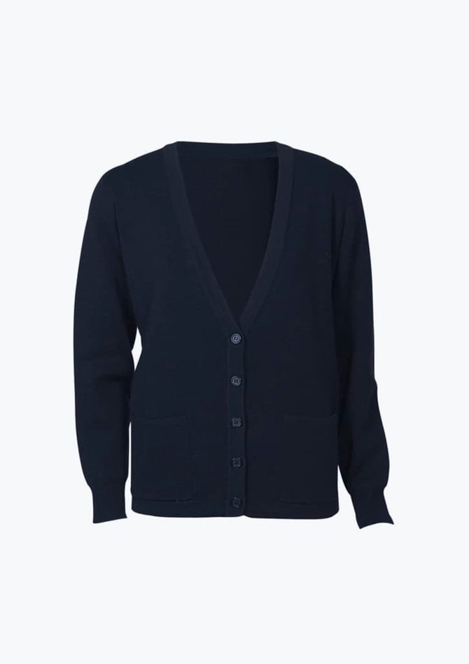 A women's woolmix cardigan in navy blue featuring a V-neck, button front, and two front pockets.