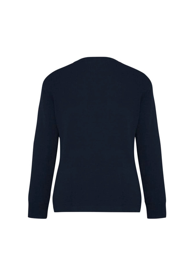 A women's wool mix cardigan in navy, featuring long sleeves and a simple design. Includes a logo detail.