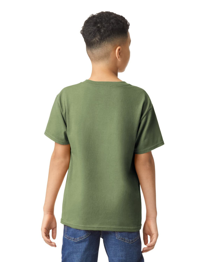 A green Gildan Heavy Cotton youth t-shirt viewed from the back, featuring short sleeves and a plain design.
