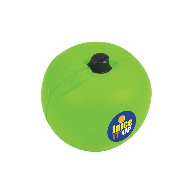 A green apple-shaped stress reliever with a black nozzle on top and a logo sticker.