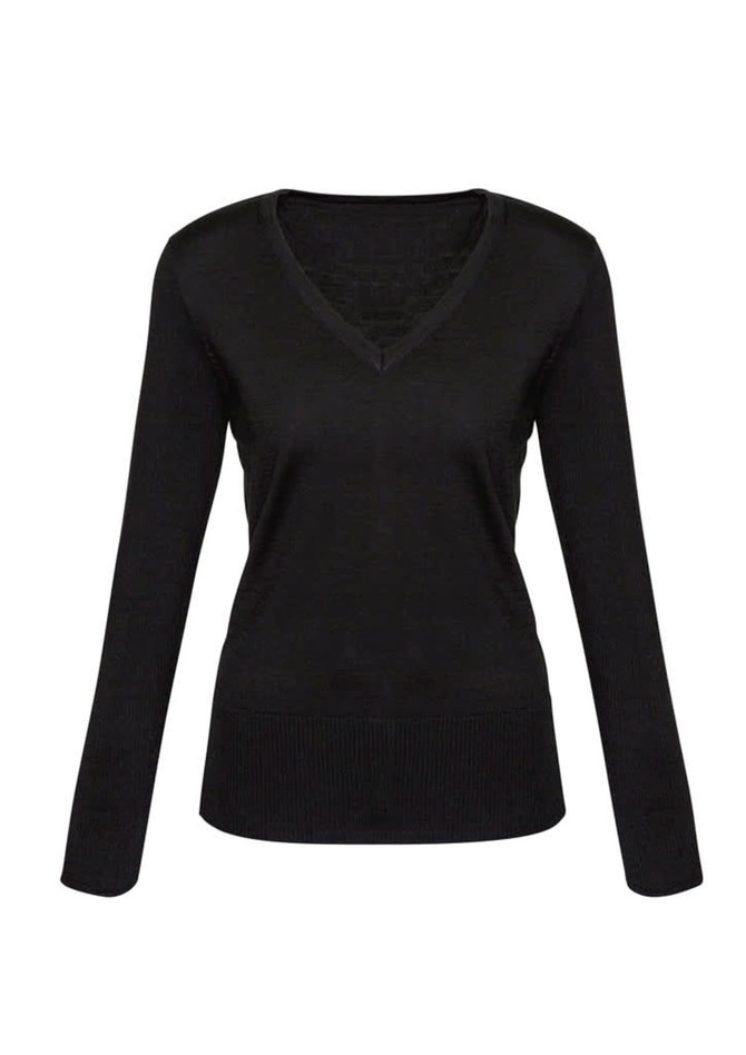A black women's Milano pullover featuring a V-neck and long sleeves, with a fitted design and ribbed hem.