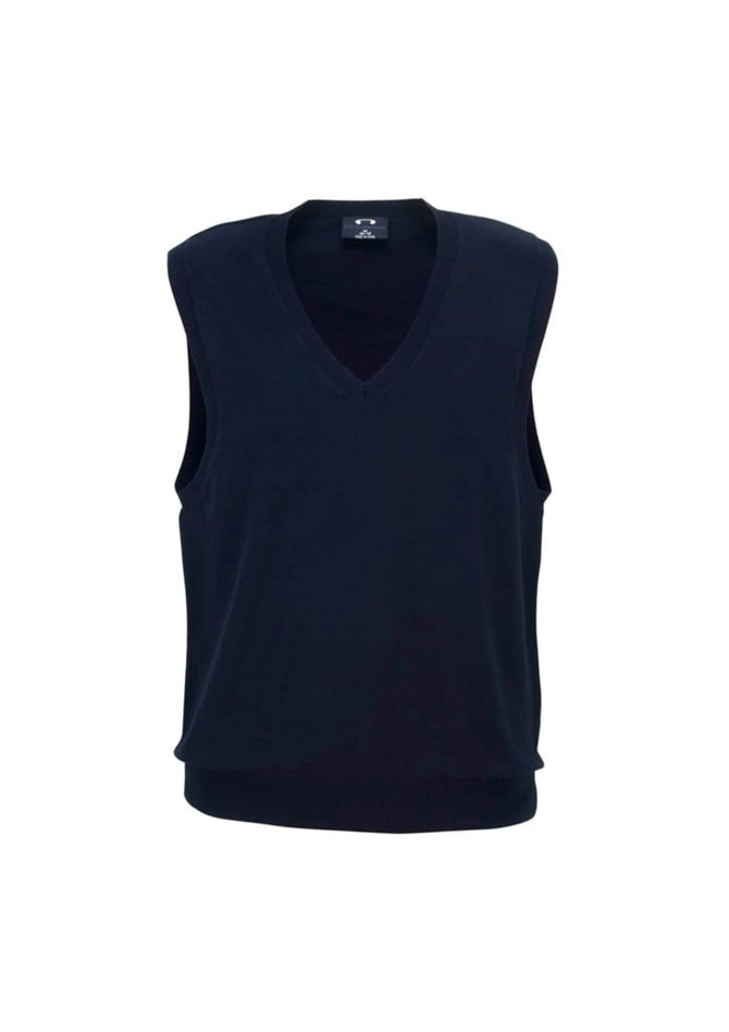 A navy women's V-neck knit vest with a sleeveless design and ribbed waistband, featuring a logo.