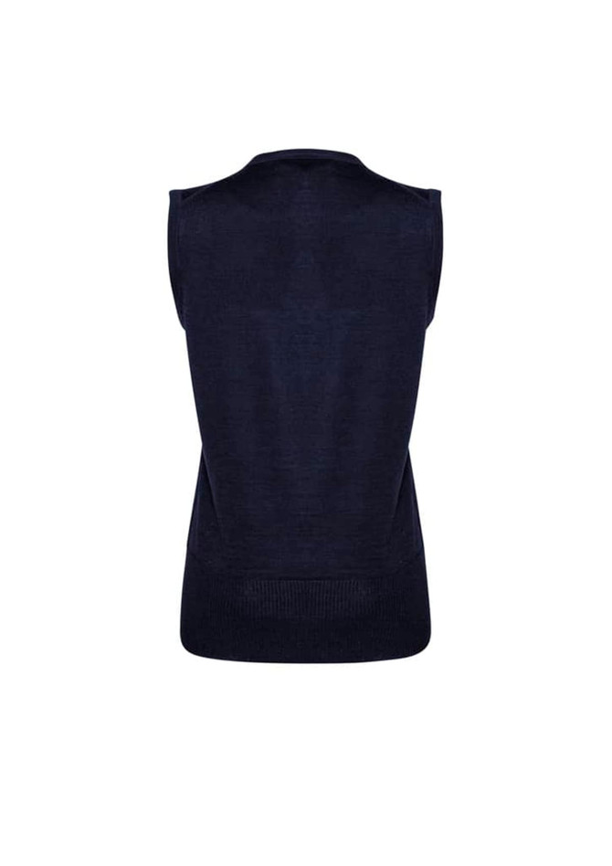 A navy women's vest with a sleeveless design and ribbed detail at the hem, featuring a branding logo.