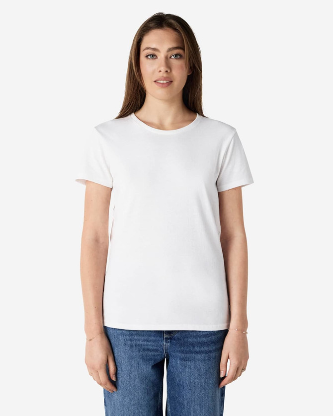 A white ladies' T-shirt made from heavy cotton, featuring a simple design and a logo. Model wearing blue jeans.