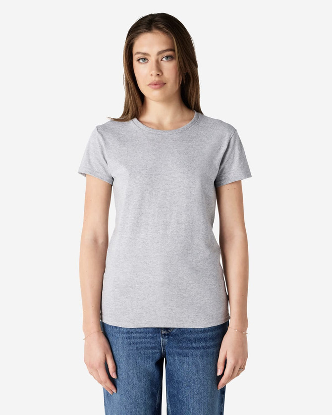 A grey ladies' t-shirt with a crew neck and short sleeves. Features a logo on the garment.