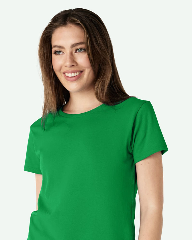 A green ladies' T-shirt made from heavy cotton, featuring short sleeves and a round neckline. It has a branding logo.