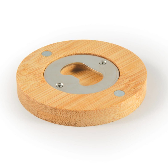 A drink bottle opener coaster made from bamboo, featuring a metal bottle opener embedded in the center.