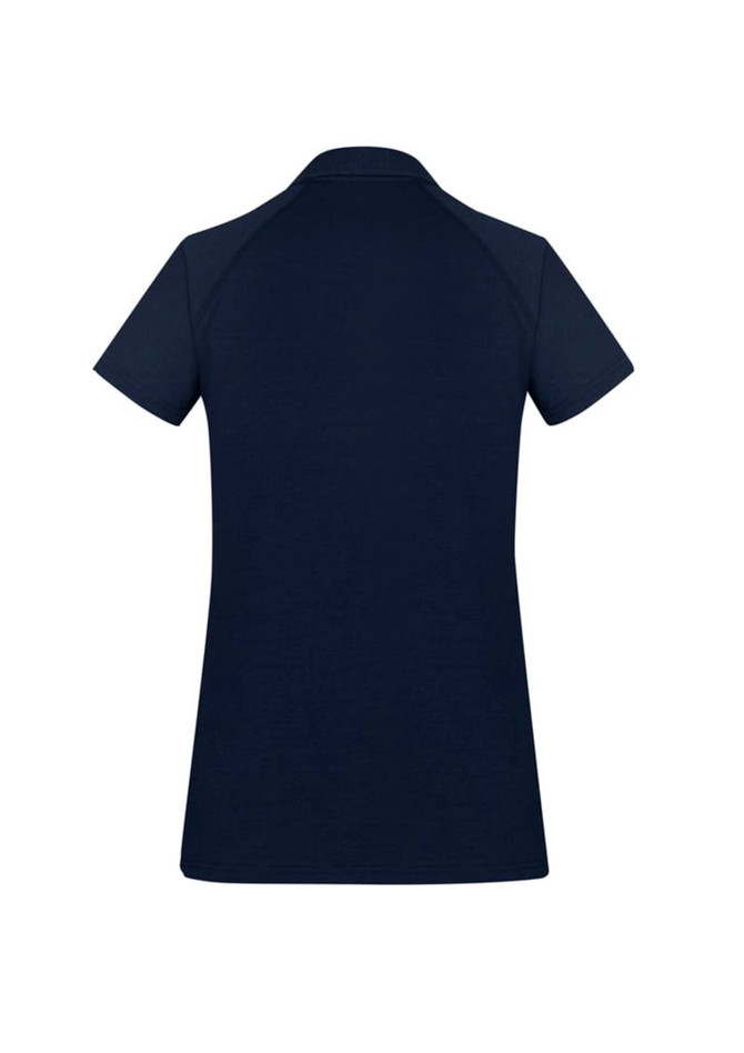 A navy women's polo shirt with short sleeves and a collared neckline, featuring a logo on the back.