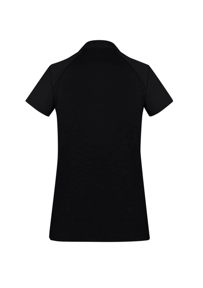 A black women's short sleeve polo shirt with a simple design and a logo on the back.