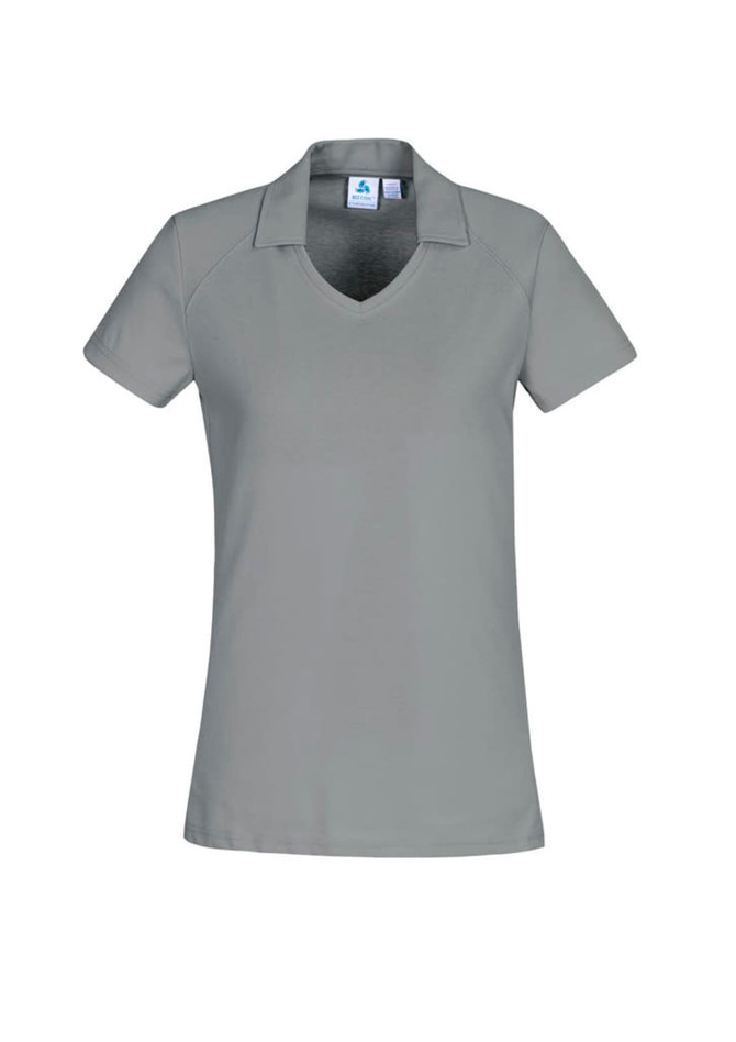 A grey women's polo shirt with short sleeves and a V-neck, featuring a logo on the chest.