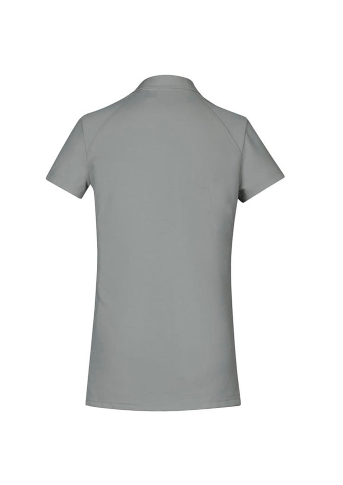 A women's short sleeve polo shirt in a light grey colour, featuring a collar and a logo on the back.
