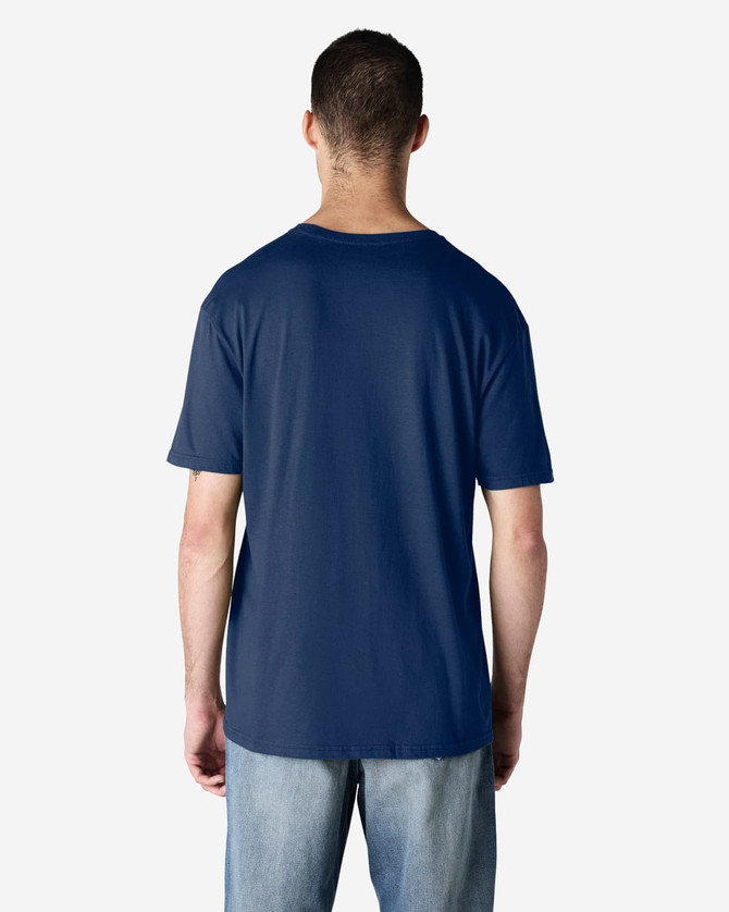 A navy blue Gildan Softstyle adult T-shirt viewed from the back, featuring a plain design and a logo.