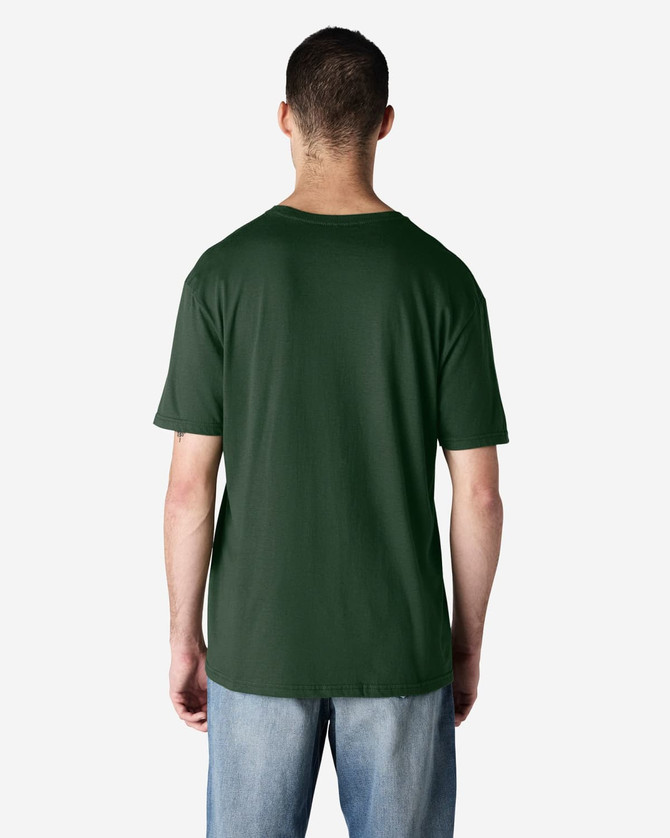 A back view of a dark green Gildan Softstyle adult T-shirt on a person, paired with light blue jeans.