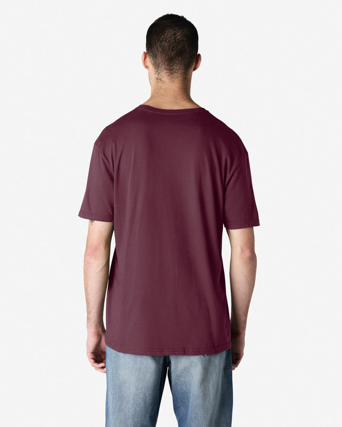 A maroon Gildan Softstyle adult T-shirt displayed from the back, featuring a plain design and short sleeves.