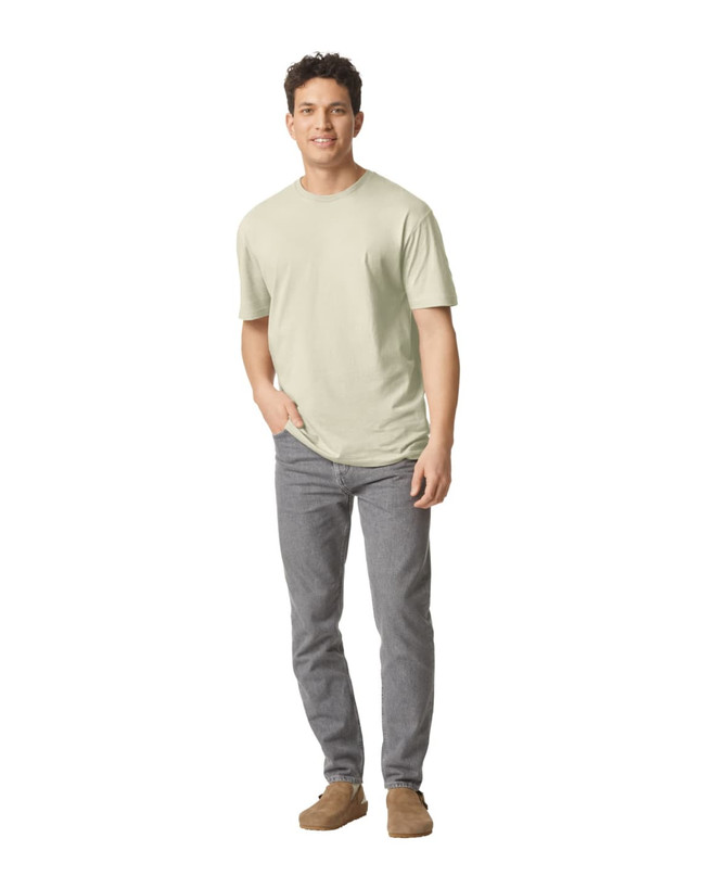 A white Gildan Softstyle adult T-shirt displayed on a model, paired with casual blue jeans.