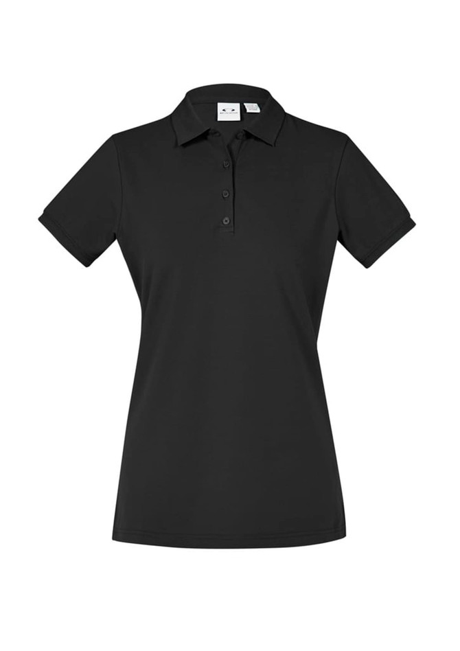 A black women's short sleeve polo shirt with a collar and a logo on the chest.