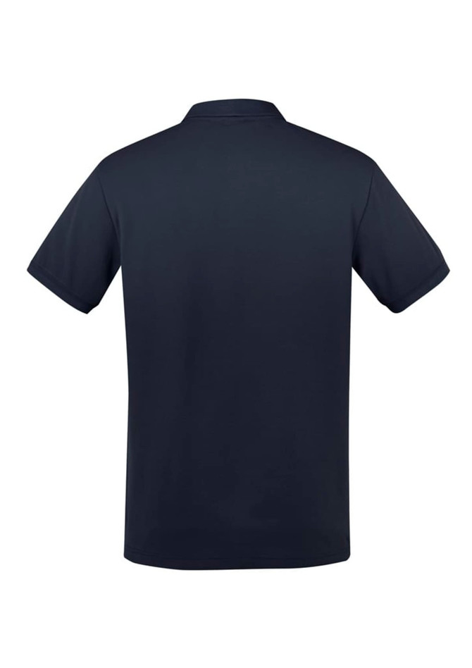 A dark navy men's short sleeve polo shirt with a classic collar and a logo on the side.