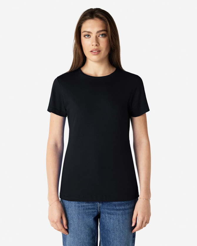 A black ladies' t-shirt with short sleeves, featuring a fitted design and a logo.
