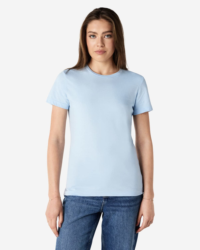 A light blue women's t-shirt with a classic fit, featuring a crew neckline and a logo.